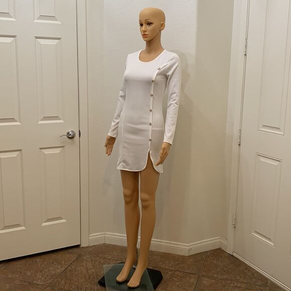 Zhuorankaili White Scoop Neck Mini Long Sleeve Side Sean’s Dress Silver Buttons - Picture 2 of 12